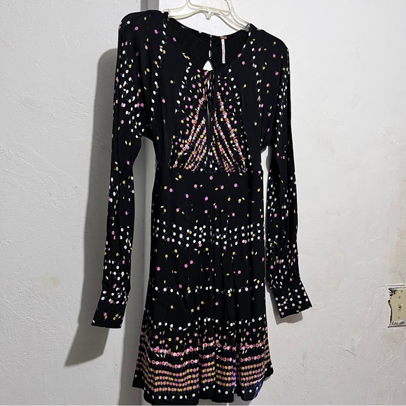 $128 FREE PEOPLE BLACK PRINTED LONG SLEEVE CORYN MINI DRESS Sz 4  :W07: - Picture 3 of 14